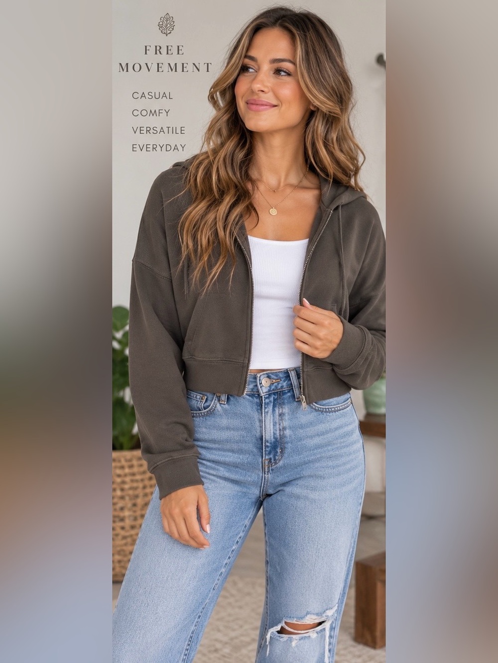 FP Movement by Free People Cropped Full Zip Hoodie in Dark Taupe